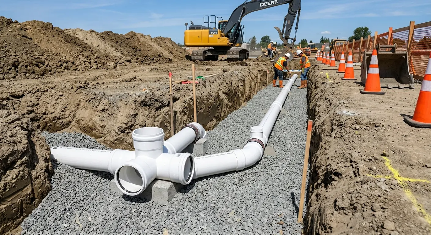 New PVC sewer pipe installation in open trench for Grease Trap Cleaning in Granville
