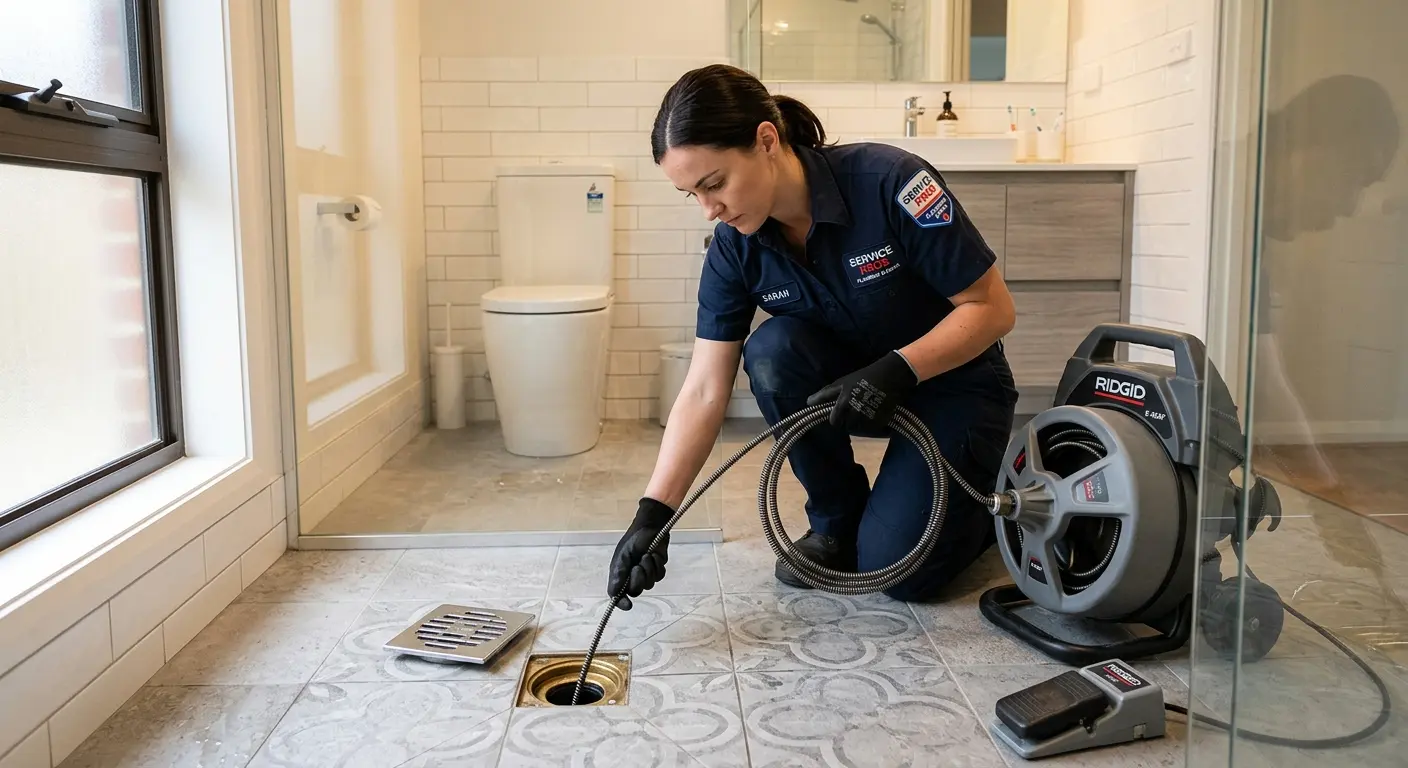 Technician clearing a bathroom floor drain for Sewer Line Installation in Granville